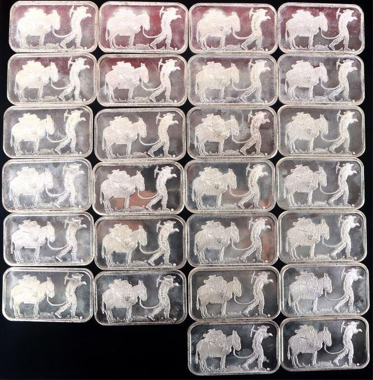 FINE SILVER 1 OZT PF SILVER TOWNE BULLION - (26): Roll of 26 fine silver 1 Troy ounce Proof Silver Towne bullion. Weight: 808.626 Grams Condition: Almost Uncirculated to Mint State uncirculated.