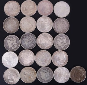 ROLL OF 21 MORGAN/ PEACE 90% SILVER DOLLARS