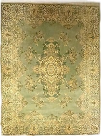 ANTIQUE ORNATE LARGE PERSIAN GREEN SILK AREA RUG