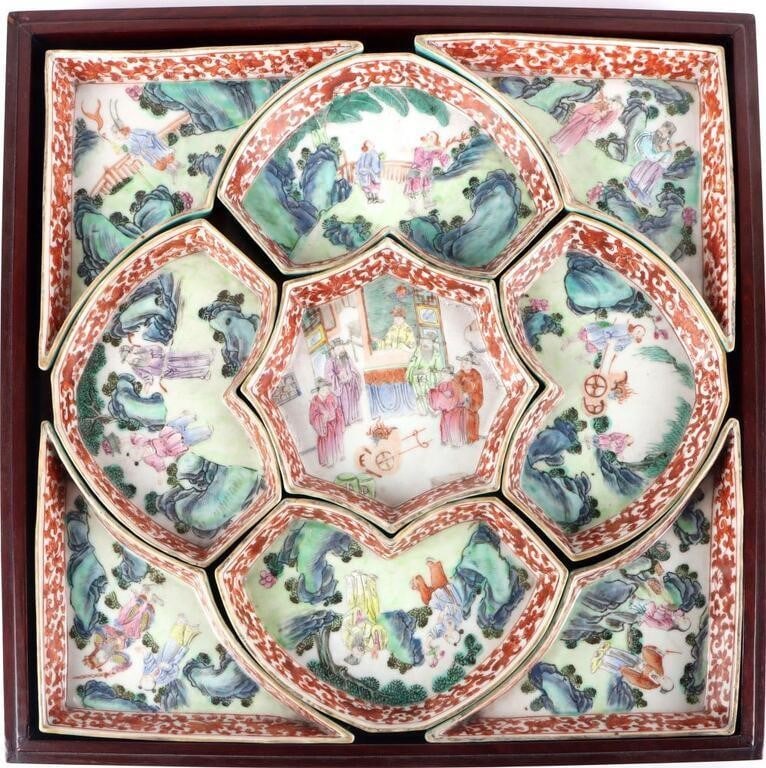 CANTON CHINESE SWEET MEAT TRAY W/ WOOD BOX: Set of nine Canton China sweet meat tray dinner plates arranged in a square. Each finely carved and painted plate depicts a country scene. A sticker on the back of each plate explains that these piece