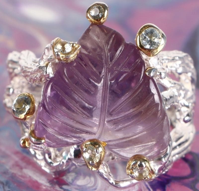 12CT PURPLE AMETHYST LEAF TOPAZ STERLING RING (1 of 4)