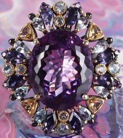 HUGE 38CT AMETHYST & GEMSTONE STERLING SILVER RING