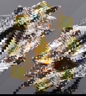 20CT NATURAL CITRINE LADIES RING SET IN STERLING: 20CT natural pear shaped citrine ladies ring set in sterling silver. This beautiful center stone is surrounded with princess cut peridot, round opal and round amethyst making an amazing art deco