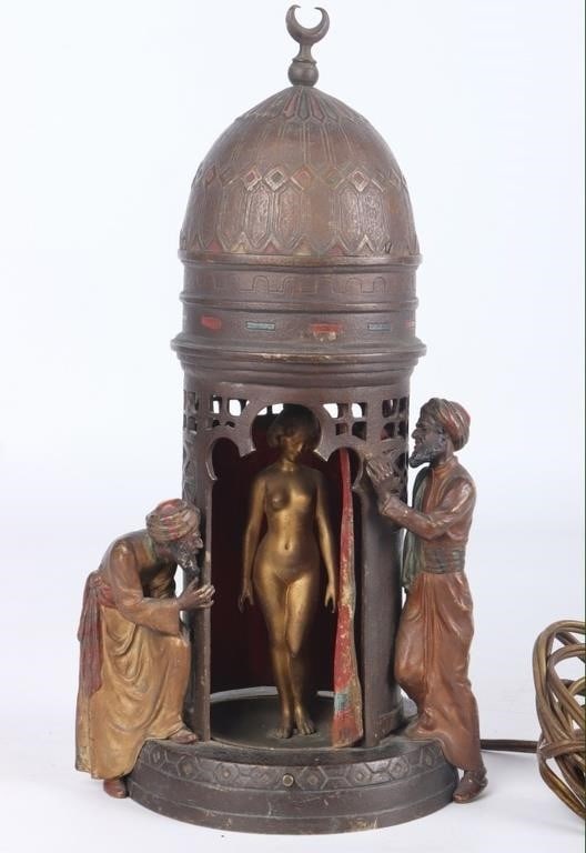 FRANZ BERGMAN PEEPING ALI COLD PAINTED BRONZE LAMP: Early 20th century Bronze lamp based on a piece by Austrian sculptor Franz Bergman, commonly referred to as "Peeping Ali", which depicts two men peering at a nude slave girl. The lamp is cold painted 