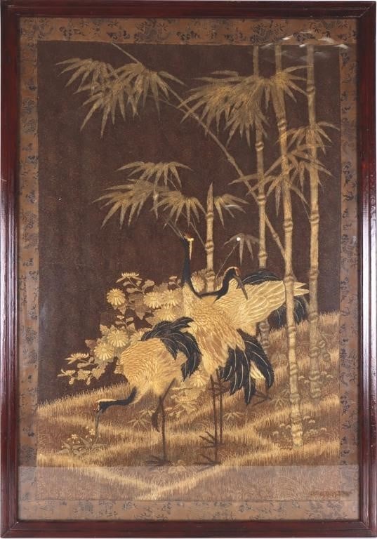 MEIJI PERIOD JAPANESE SILK CRANE TAPESTRY 56 X 38': Beautifully crafted tapestry made with Japanese silk during the Meiji period. The tapestry depicts an elegant scene featuring cranes amidst a bamboo forest. Cranes are a significant symbol in Japanese