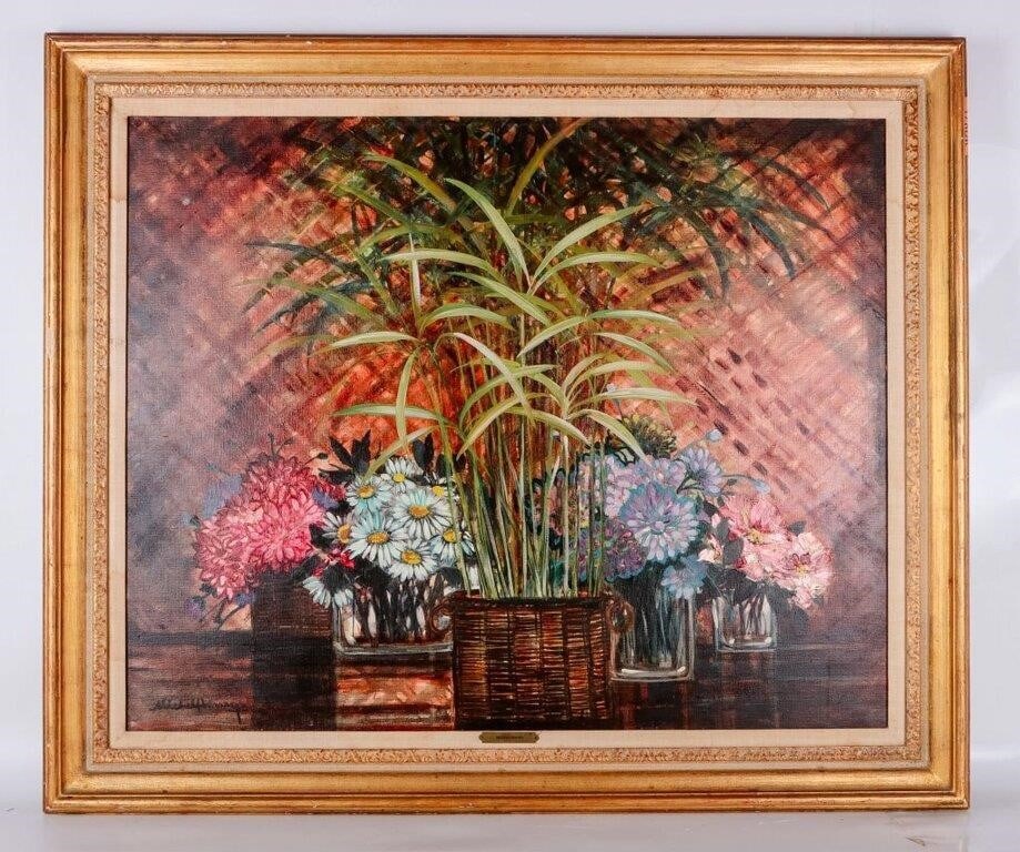 MICHEL HENRY FLORAL STILL LIFE OIL PAINTING: Expertly-composed Michel Henry (1928-2016) floral/vegetative still life oil painting in ornate frame labeled with the artist's name. Size: 47X40 frame, 39X31.5" painting Condition: The painting itself