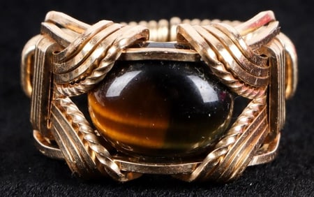 9K YELLOW GOLD CABOCHON TIGER'S EYE MEN'S RING