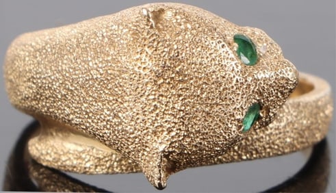 14K YELLOW GOLD EMERALD JAGUAR HEAD LADIES RING