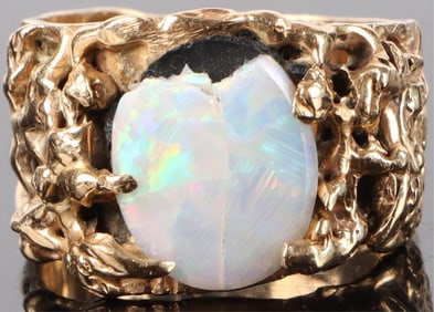 14K YELLOW GOLD OPAL CARVED MEN'S RING