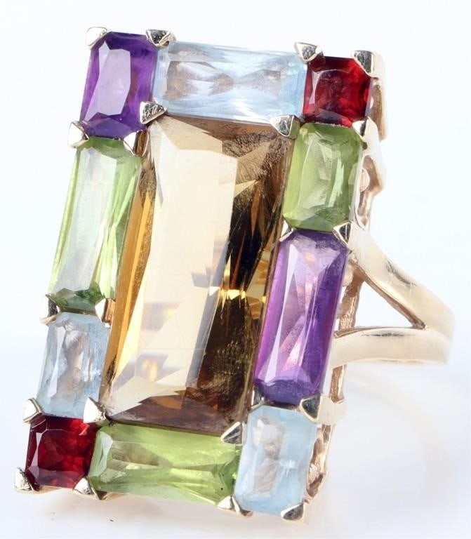 14K YELLOW GOLD LADIES RING W/ TOPAZ SPINEL GARNET: 14k yellow gold ladies ring with multiple gemstones arranged in a rectangle on a face, to include one large spinel center rectangle, two garnet squares, one in the upper right corner and one in the lo