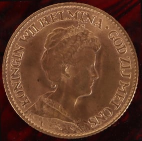 90% GOLD 1917 KONINGIN WILHELMINA 10 GULDEN COIN