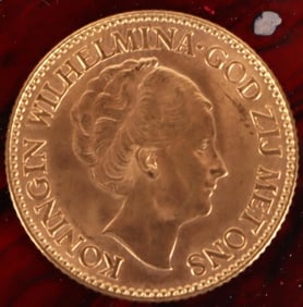 90% GOLD 1917 KONINGIN WILHELMINA 10 GULDEN COIN