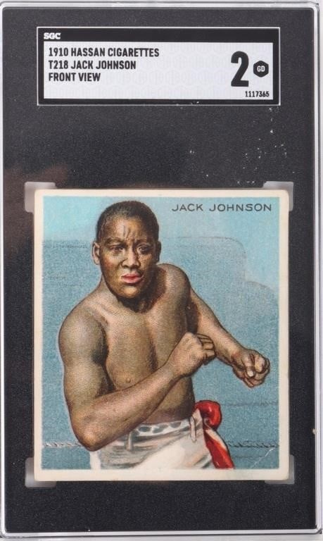 1910 HASSEN CIGARETTES T218 J. JOHNSON CARD SGC 2: 1910 Hassan Cigarettes T218 Jack Johnson Front View boxing card SGC graded 2.0.Condition: SGC graded 2.0 Sports cards Boxing