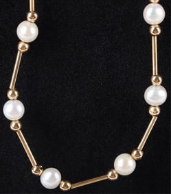 14K YELLOW GOLD WHITE PEARL BEADED NECKLACE