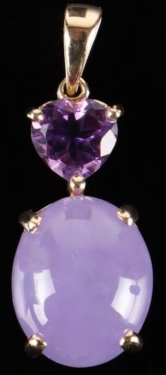 14K YELLOW GOLD LADIES PENDANT W/ LAVENDER JADE: 14k yellow gold ladies pendant with a synthetic purple spinel gemstone on top and a polished lavender jade stone on bottom.Stone Type: Lavendar jadeWeight: 2.37 gramsSize: 25.75 mm tallCondition: See