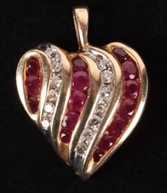 10K MULTI ROW DIAMOND & RUBY HEART PENDANT