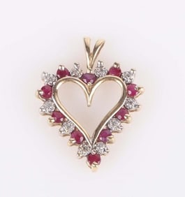 10K YELLOW GOLD DIAMOND & RUBY HEART PENDANT