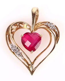 ~1.5CT RUBY & DIAMOND 10K GOLD OPEN HEART PENDANT