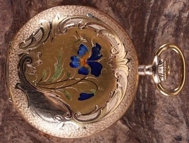 14K REMONTOIR POCKET WATCH 10 JEWELS FLOWERS