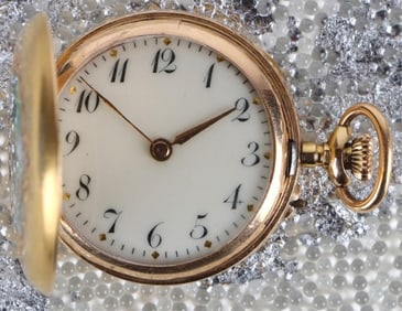 18K YELLOW GOLD POCKET WATCH W/ DIAMONDS & PAINT