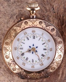 18K ORNATE WATCH PAINTED FACE ETCHED CASE FUNCTION