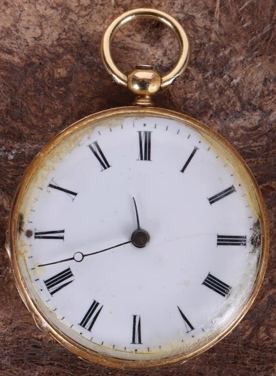 ANTIQUE 18K YELLOW GOLD POCKET WATCH ORNATE: Antique 18k yellow gold pocket watch. The back case features a gold-framed field of blue enamel with fine gold flowers in the center. Small diamonds are embedded throughout the flower (some appear to 