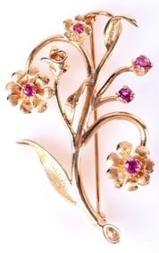 14K YELLOW GOLD FLORAL BROOCH W/ FIVE RUBY GEMS