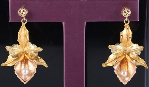 18K YELLOW GOLD FLORAL LADIES EARRINGS W/ PEARLS
