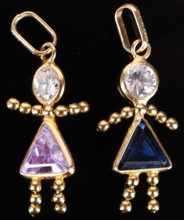 14K YELLOW GOLD FRIENDSHIP LADIES PENDANTS SET: 14K yellow gold set of friendship pendants. One is a female stick-figure with a white tourmaline face and a blue topaz dress and the other is a female stick-figure with a white tourmaline face and a p
