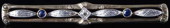 DIAMOND SAPPHIRE 14K BI-GOLD ART DECO PIN
