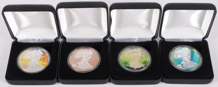 FINE SILVER COLORIZED/PLATED OVERLAY EAGLES - (4)