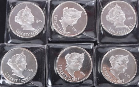 1 OZT FINE SILVER 1985 LIBERTY LOBBY PF ROUNDS-(6)