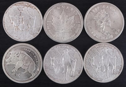 ASSORTED 1 OZT FINE SILVER BULLION ROUNDS - (6)