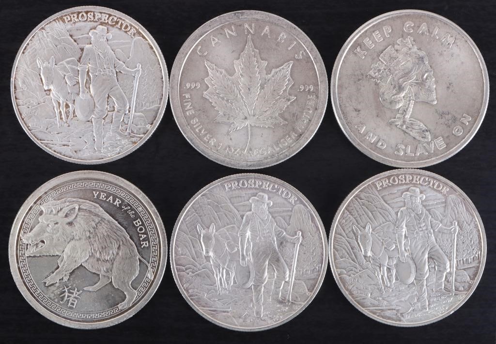 ASSORTED 1 OZT FINE SILVER BULLION ROUNDS - (6) (1 of 2)