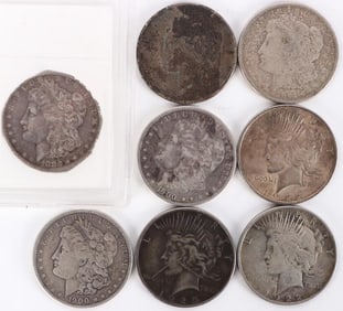 ASSORTED 90% SILVER MORGAN/ PEACE DOLLARS - (8)