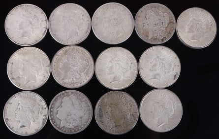 ASSORTED 90% SILVER MORGAN/ PEACE DOLLARS - (13)