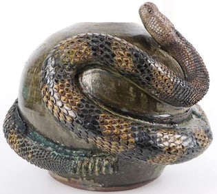 GLAZED STONEWARE VASE W/ RATTLESNAKE M&M CROCKER