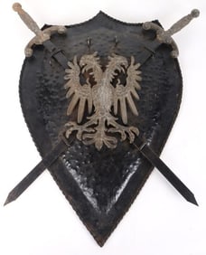 VINTAGE MEDIEVAL-STYLE IRON WALL SHIELD W/ SWORDS