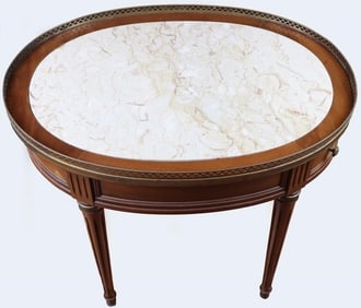 ANTIQUE WOOD MARBLE TOP TABLE W/ DRAWERS