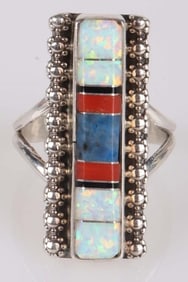 STERLING SILVER OPAL, LAPIS & CORAL RING
