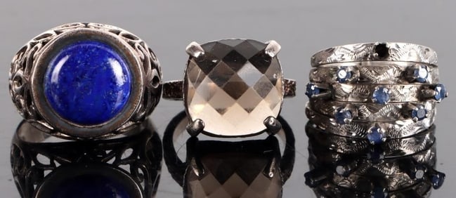 STERLING SILVER TOPAZ, LAPIS & QUARTZ RINGS (3)