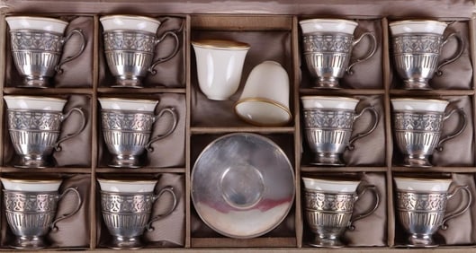 TIFFANY LENOX DEMITASSE CUPS, HOLDERS & SAUCER SET