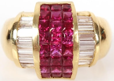 LADIES 18K YELLOW GOLD DIAMOND & RUBY RING