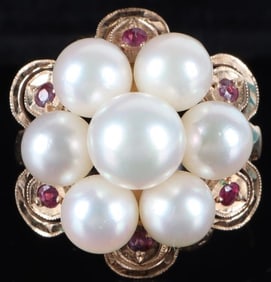 7.6-6.0MM PEARL & RUBY 14K YELLOW GOLD RING