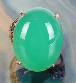 14K YELLOW GOLD CHRYSOPRASE LADIES RING W/ IGI