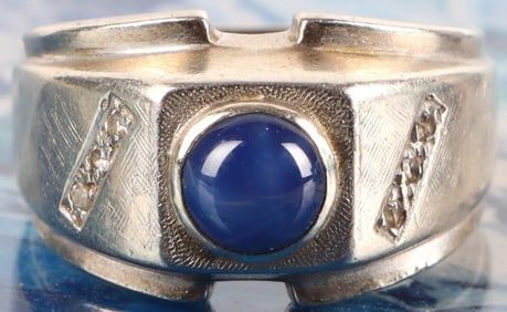 14K WHITE GOLD STAR SAPPHIRE DIAMOND MEN'S RING