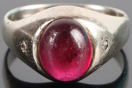 14K WHITE GOLD CABOCHON RUBY DIAMOND LADIES RING