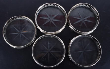STERLING SILVER & GLASS COASTER SET OF 5