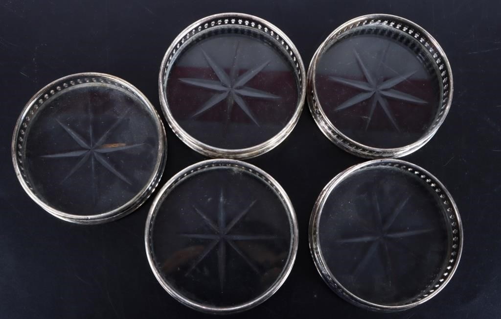 STERLING SILVER & GLASS COASTER SET OF 5 (1 of 3)