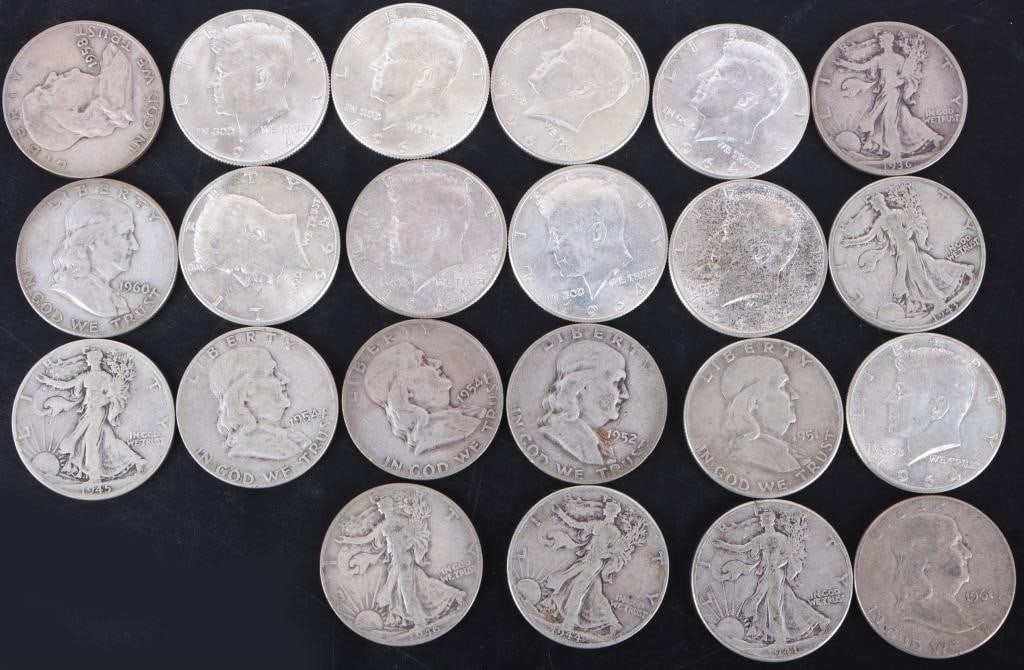 ROLL OF TWENTY-TWO 90% SILVER HALF-DOLLARS (1 of 2)